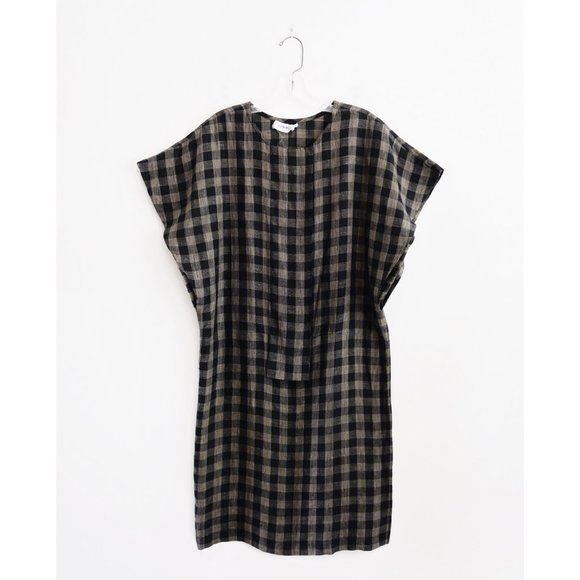 Vtg 80s Shamask Black Tan Check Linen Dress sz S